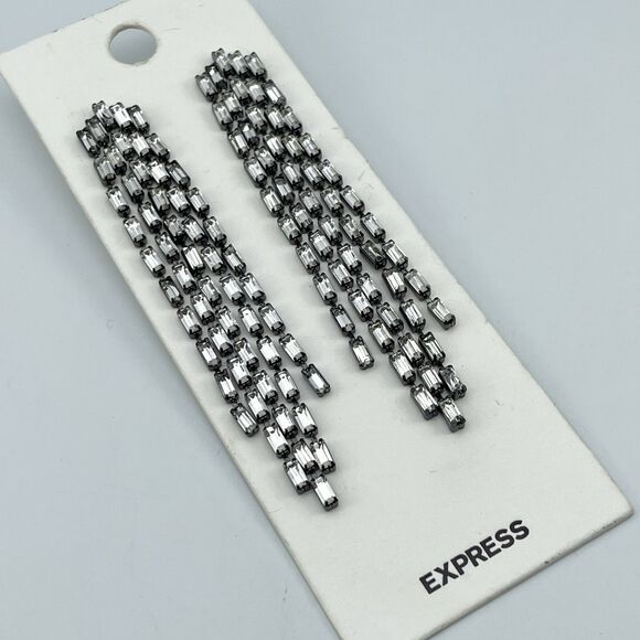 Express Gun Metal Tone Baguette Rhinestone Chandelier Dangle Earrings Statement - Picture 1 of 8